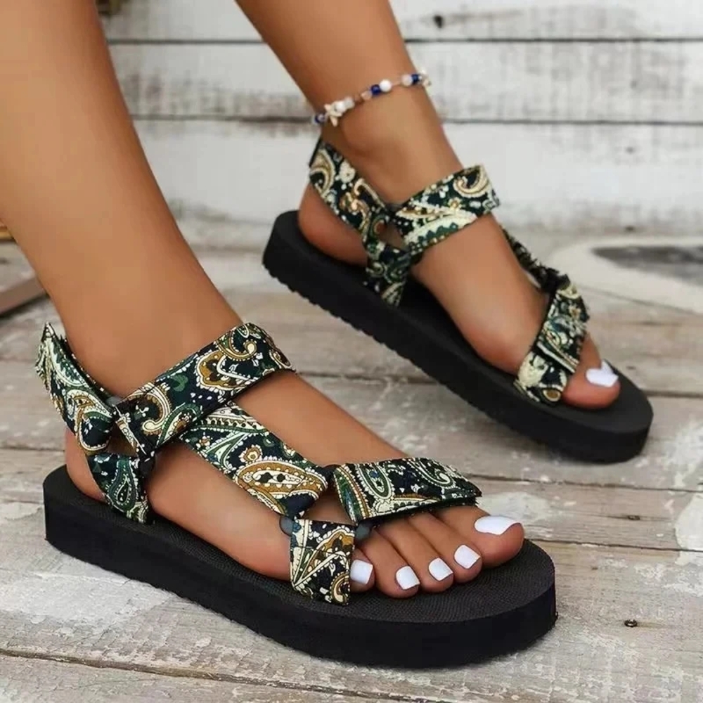 Ancient Greek Sandals Black and Green Patterned Sandals